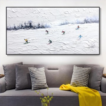 Artworks in 150 Subjects Painting - Skier on Snowy Mountain Wall Art Sport White Snow Skiing Room Decor by Knife 19